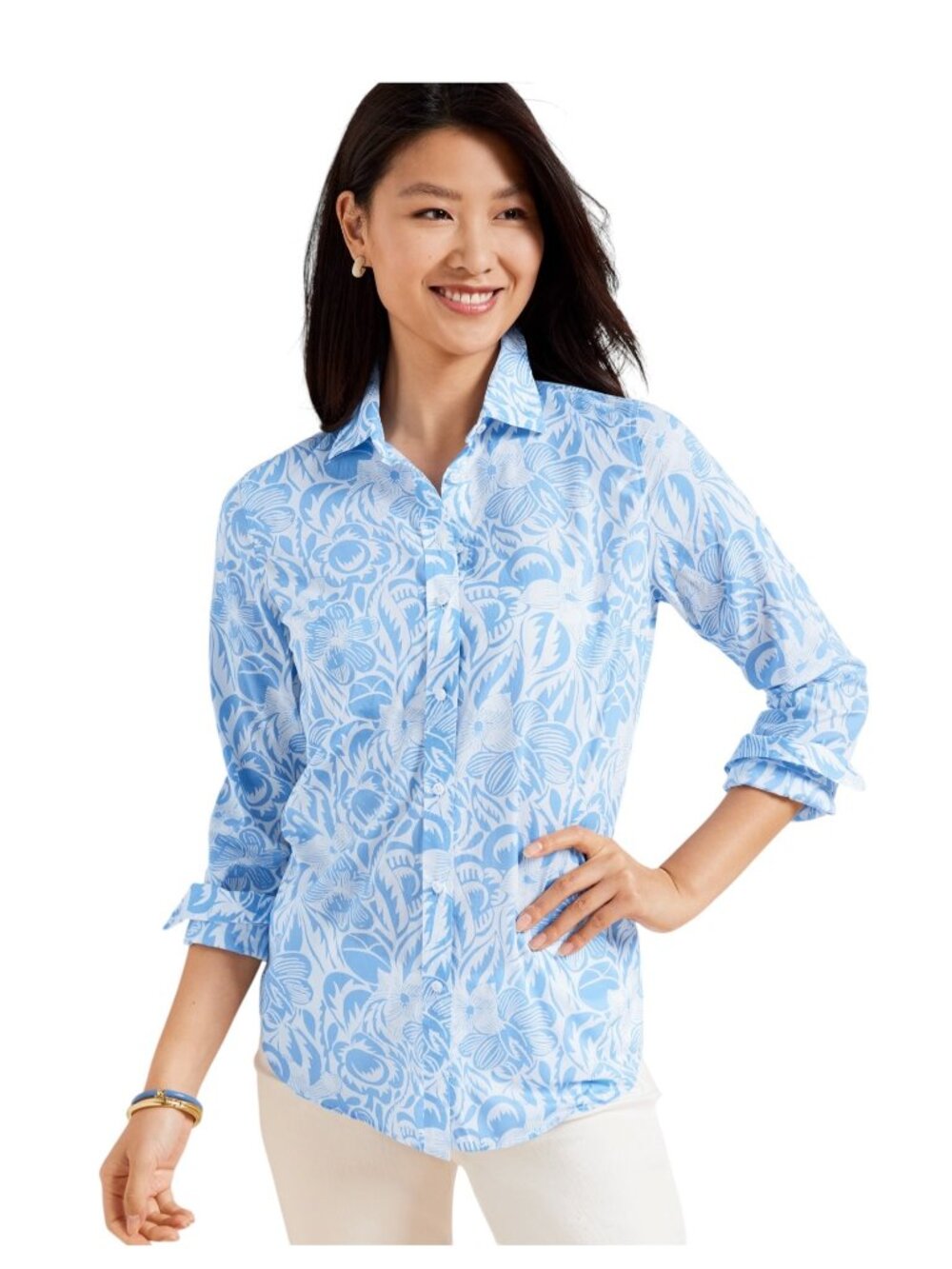 Talbots Plus Floral Print Button Down Blouse Blue Size X (XL) Coastal Spring